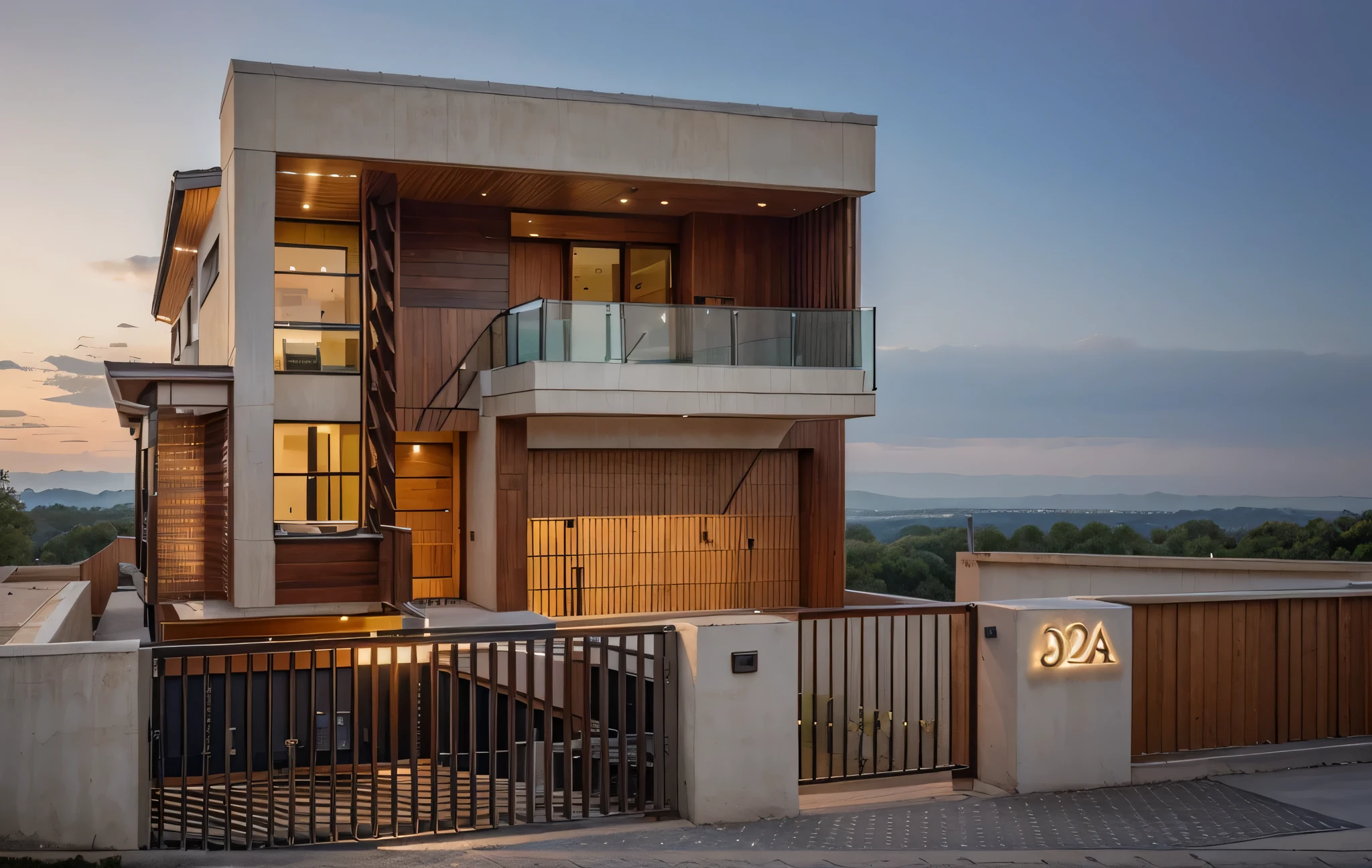 a distant front shot , contemporary architecture, blend with
 the Rivendell architecture, a modern house with a large glass window,
 beautiful house on a forest path, modern house in wood, archaic, built in
 trees and stone, well-designed masterpiece