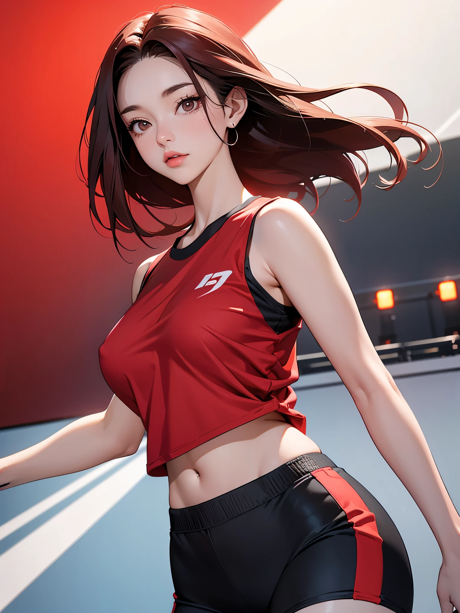 A fit young woman in her 20s. wearing a red sports top and black cycling shorts. She has shoulder-length straight red hair. no background. on the stage. 카메라를 바라본다
huge boobs. she is walking