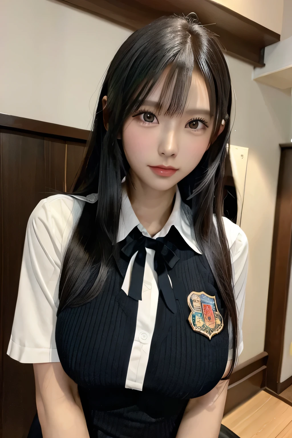 Japanese high school girl. Shiny black hair. long straight. Big boobs. uniform.