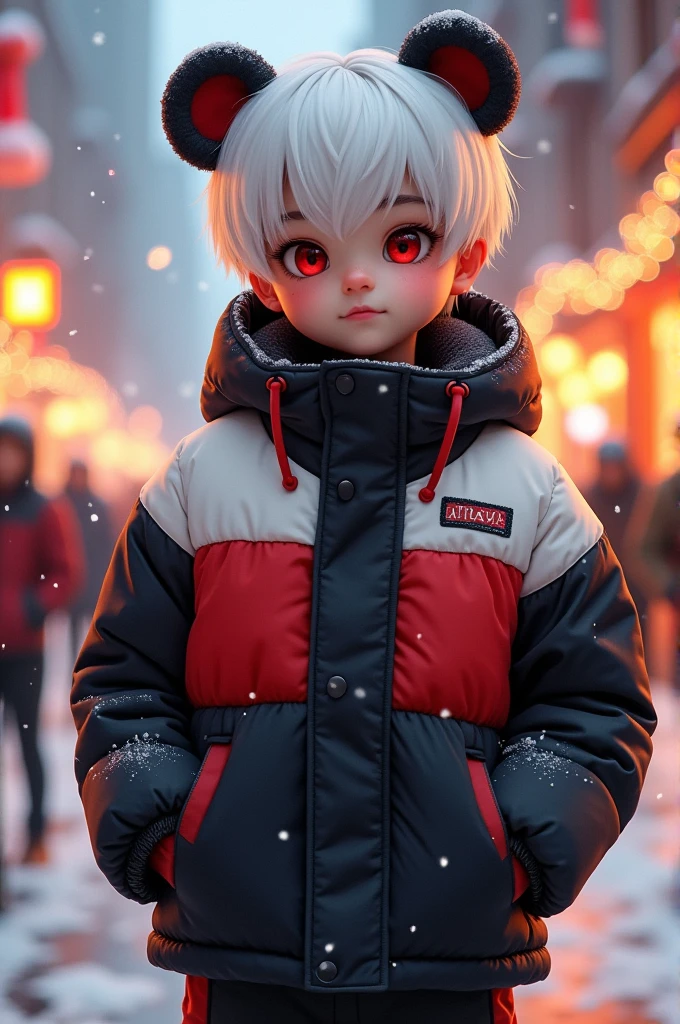 The handsome young man with a sweet face is 18 years old with a bowl cut and white hair, red eyes, and a black, red, and white winter jacket. He looks kind and cute. The winter jacket has a bear ear sewn on it, and he is wearing matching pants and shoes for a street fashion look.