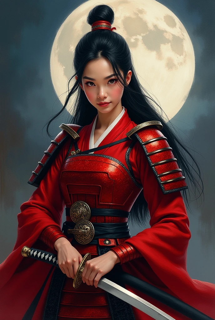 Mulan as a samurai girl, red samurai armor and clothes, holding a samurai sword, full body portrait, oil painting, fearless expression, intricate details, pretty face, cute eyes, dramatic lighting, cinematic composition, muted color palette, strong chiaroscuro, masterpiece, highly detailed, photorealistic, 8k, fantasy, night vision