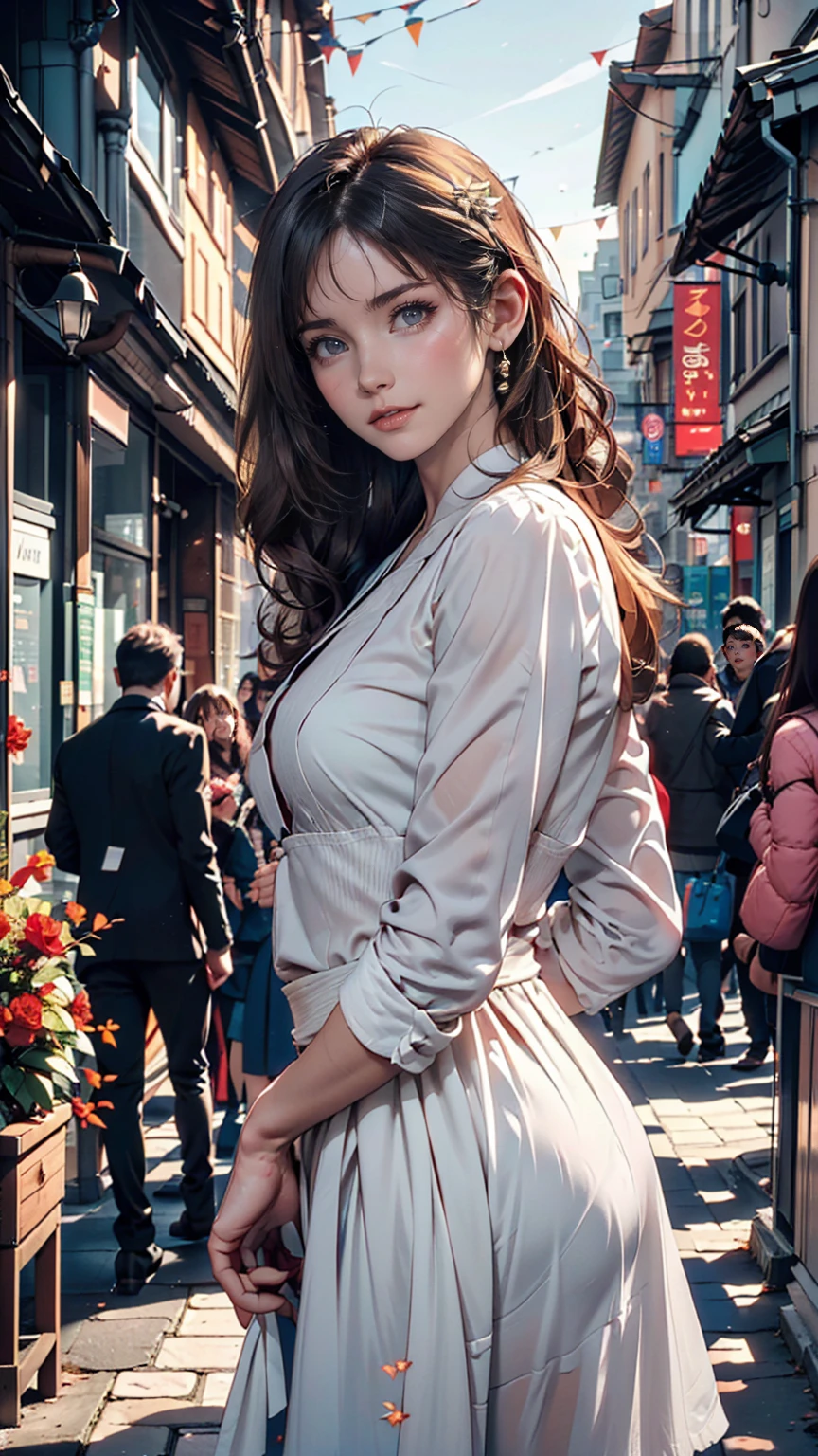 (Black rider jacket:1.1), (masterpiece, highest quality, pretty girl, Beautiful Face, 8k, RAW Photos, Realistic, Absurd:1.2), teens, Cowboy Shot, Dutch Angle, Face Light, Film Grain, chromatic aberration, High resolution, Super detailed, In detail, Light blue ruffle lace dress, Detailed skin, eyes and face, Sharp pupils, Realistic students, Sharp focus, street、Cleavage Emphasis