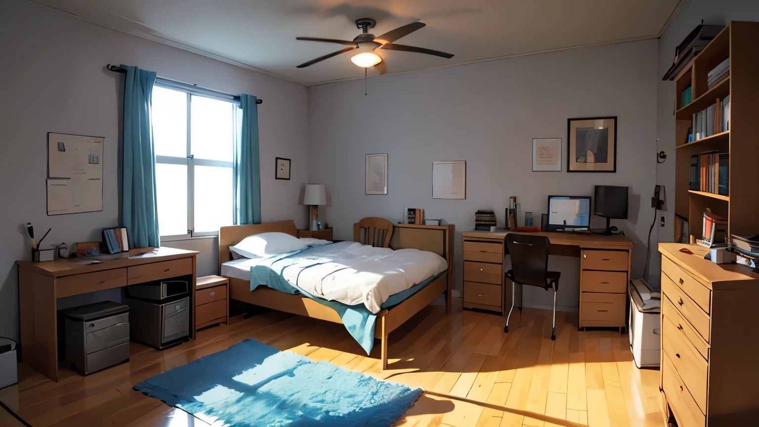 a quarter of ,  Simple apartment, with a bed, a study desk with a laptop and a chair. There are some books and personal items scattered around the room