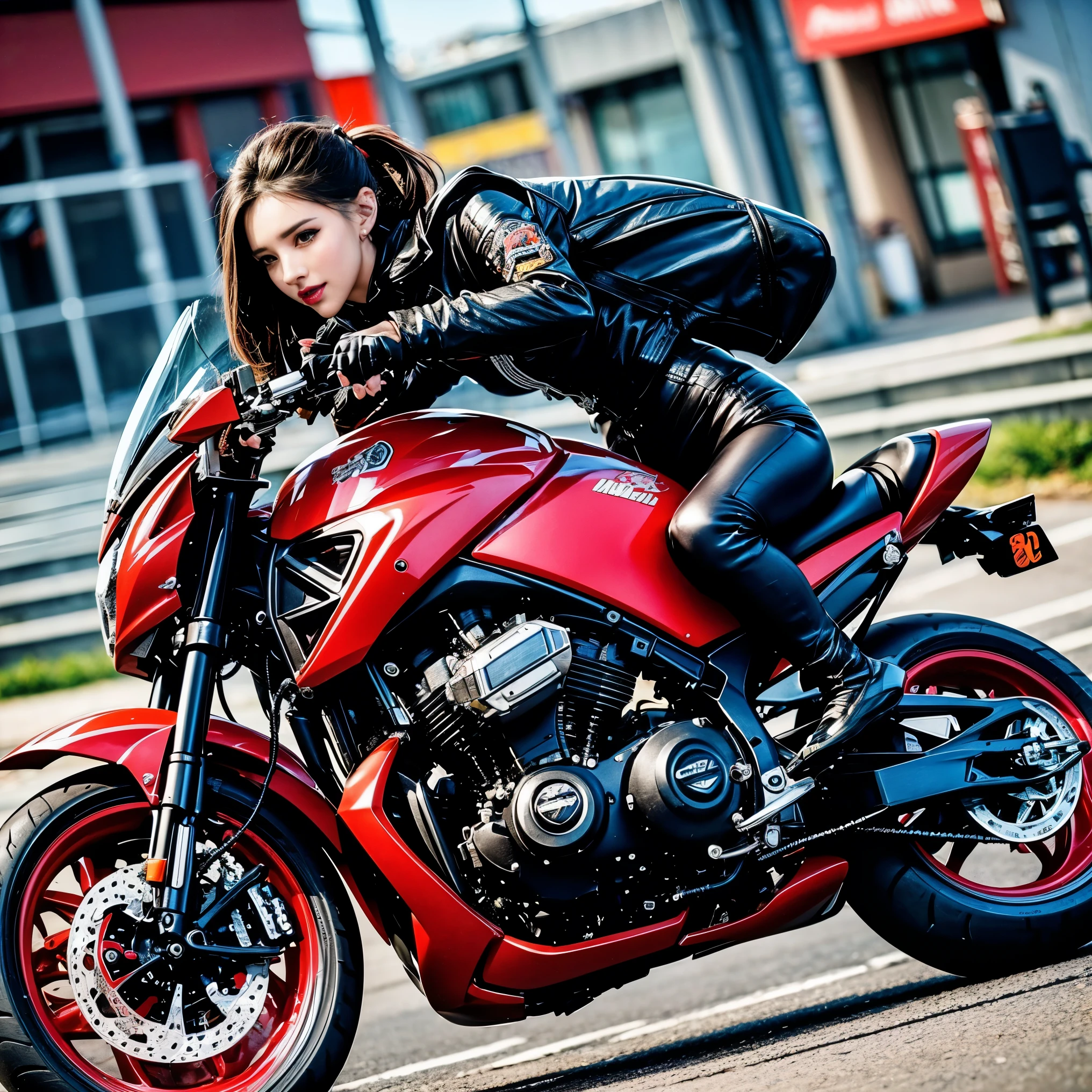 No helmet,Staring at the camera without sunglasses,araffe riding a motorcycle, Harley-Davidson, Riding a motorcycle down the street, Harley-Davidson motorbike, Wheelie, Action Shots, motorcycle, riding a motorcycle, picture of a female,cool,An illustration