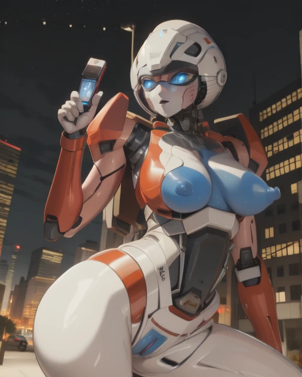 arcee, blue nipples, large breasts,(((usb port) in the crotch)), city background, no_humans, night time, ((blue skin color breasts)), spread legs, mechanical_details