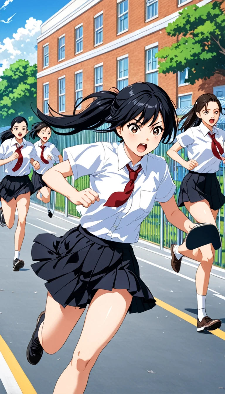 high school girl、Black Hair、ponytail、Medium chest、White short-sleeved shirt、black flared skirt、Running full speed across the schoolyard