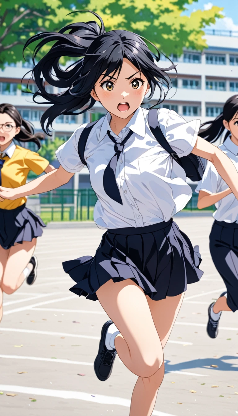 high school girl、Black Hair、ponytail、Medium chest、White short-sleeved shirt、black flared skirt、Running full speed across the schoolyard