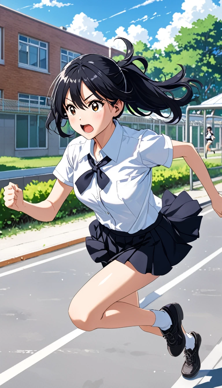 high school girl、Black Hair、ponytail、Medium chest、White short-sleeved shirt、black flared skirt、Running full speed across the schoolyard