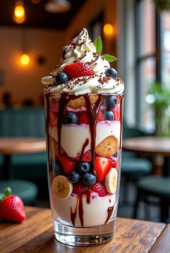 A delicious parfait with fruit, whipped cream and chocolate.