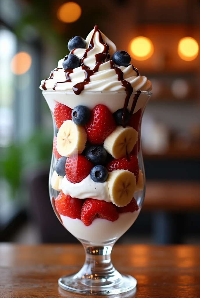 A delicious parfait with fruit, whipped cream and chocolate.