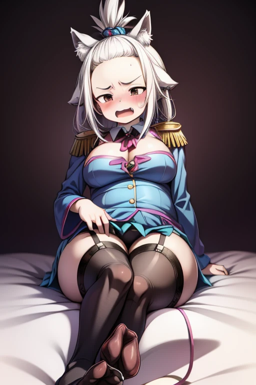 1girl, solo, long hair, breasts, looking at viewer, blush, open mouth, bangs, skirt, large breasts, thighhighs, long sleeves, animal ears, twintails, sitting, tail, fang, feet, white thighhighs, toes, garter straps, no shoes, soles, hair intakes, horse ears, tiara, horse tail, epaulettes, underbust, foot focus