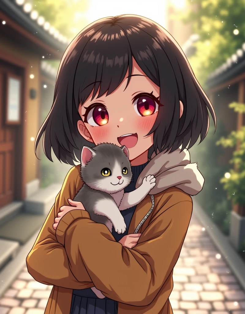 Anime Style, Ultra-fine illustrations, Very detailed, Dynamic Angle, Beautiful details, 8K,One cute girl,black Hair,Thin bob cut, smile,red eyes,fashionable, Trendy clothing,Cobblestones,(Speckled sunlight:1.2),Blurred,(Depth of written boundary:1.1),Tilt your head,(Fluttering petals),wood,Cuddle a kitten,頬をくっつける,upper body