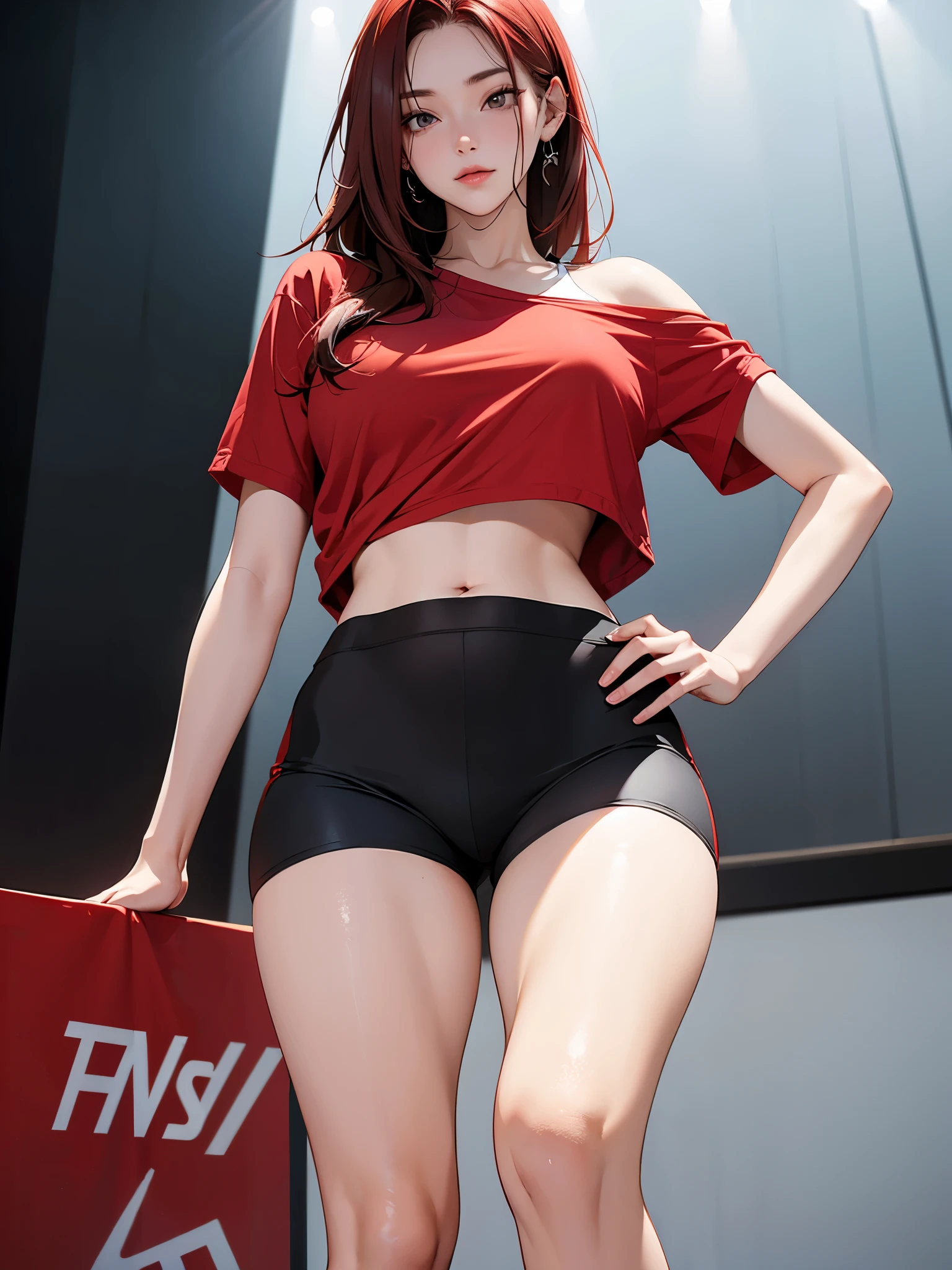 A fit young woman in her 20s. wearing a red sports top and black cycling shorts. She has shoulder-length straight red hair. no background. on the stage. 카메라를 바라본다
huge boobs. she is walking