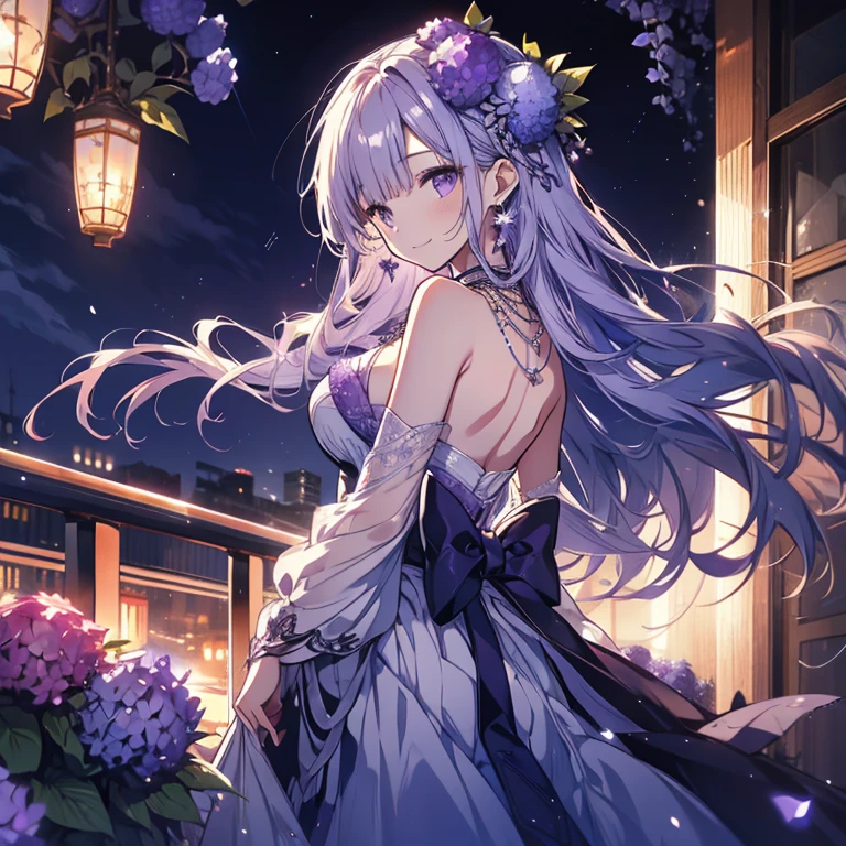 1 person、Mature、Ample breasts、Long Hair、A captivating smile、look back、Hair blowing in the wind、Hydrangea dress、Shoulder Bare、necklace、Earrings、Purple hydrangeas、Purple Dress、Moonlit Night、Stars Shining、balcony、High resolution、Highest quality