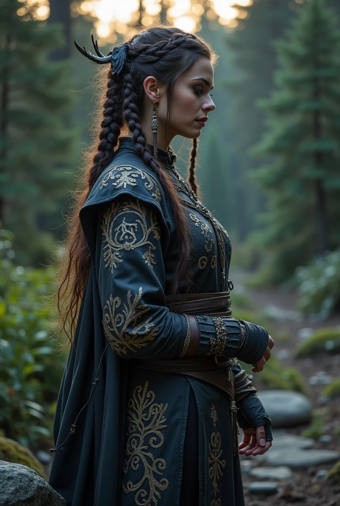 Create an image of a female Viking seer. Medieval image with characteristic clothing. Make a clothing composition using black pants and no cloak. Use animal skin in clothing, hairs/pelagos. One can also use tribal accessories, runes, druids, crow feathers...