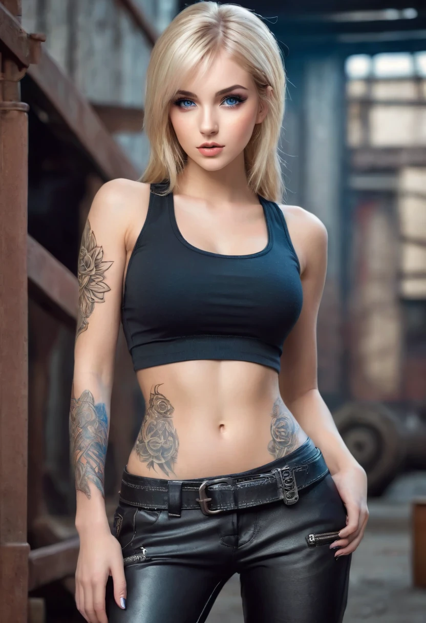 baby-faced beautiful girl, attractive and seductive expression, shy, blonde straight hair, forehead, make-up, blue eyes, superlative body proportion, abs, covered in tattoos, wearing crop tanktop, tight fitting leather pants, heavy engineer boots, artistic, hyper, graphic CG digital fashion art