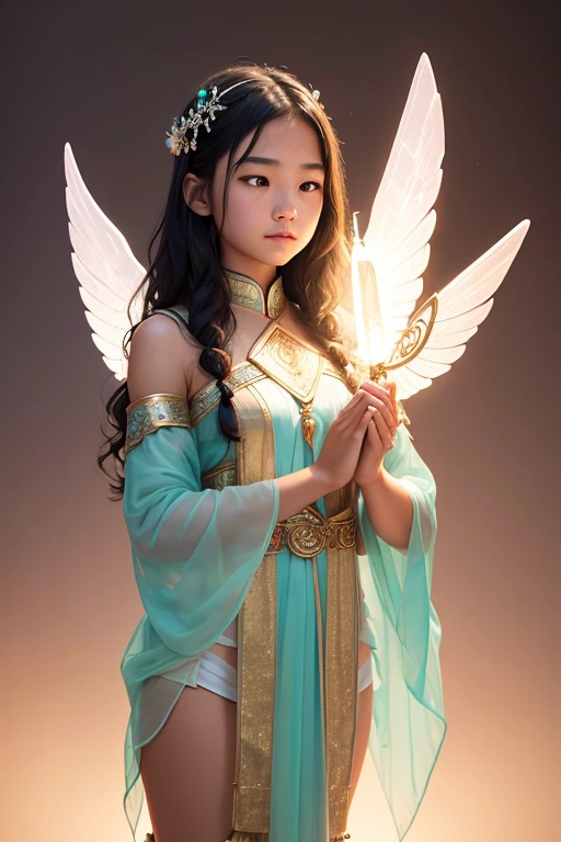 A young 15- yr old native Asians girl with lovely charminvg face,( skin texture masterpiece), (perfect full body detailed anatomy), (Super detailed), (meditating ), (glowing bright eyes))(( short wavy jade crystalized hair)),Wearing transparent costume of an angel,illuminating different lights covers the sorrounding, holding bow and arrow, atmosphere Has beautiful large white wings, The character solemnly praying