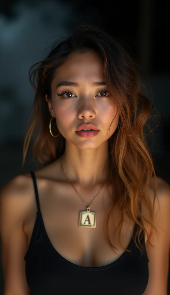young tanned asian woman, beautiful eyes, natural lipstick, tattoo, golden hoop earring, thin golden necklace with "A" liontin, eyeliner, gray bright eyes, black thin straps tank top with wavy highlighted wavy brown hair crying, fierce face, looking at camera, HDR, vibrant, void black background, smokes in background, low angle shot, HDR, UHD, 8K, Bokeh