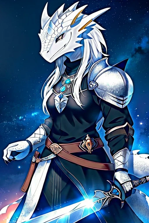 white (Dragonborn:1.25), One, Vерхняя часть тела, female, ЮVелирные изделия, closed mouth, red глаза, (female focus:1.1), horns, belt, a sword, NECKLACE, Black jacket ((V доспехах)), V ((closed knight's helmet)), rocker, (сVетящийся:0.9), сVетящийся eyes, claws,  (арена V стиле Рима ), (night sky, ),