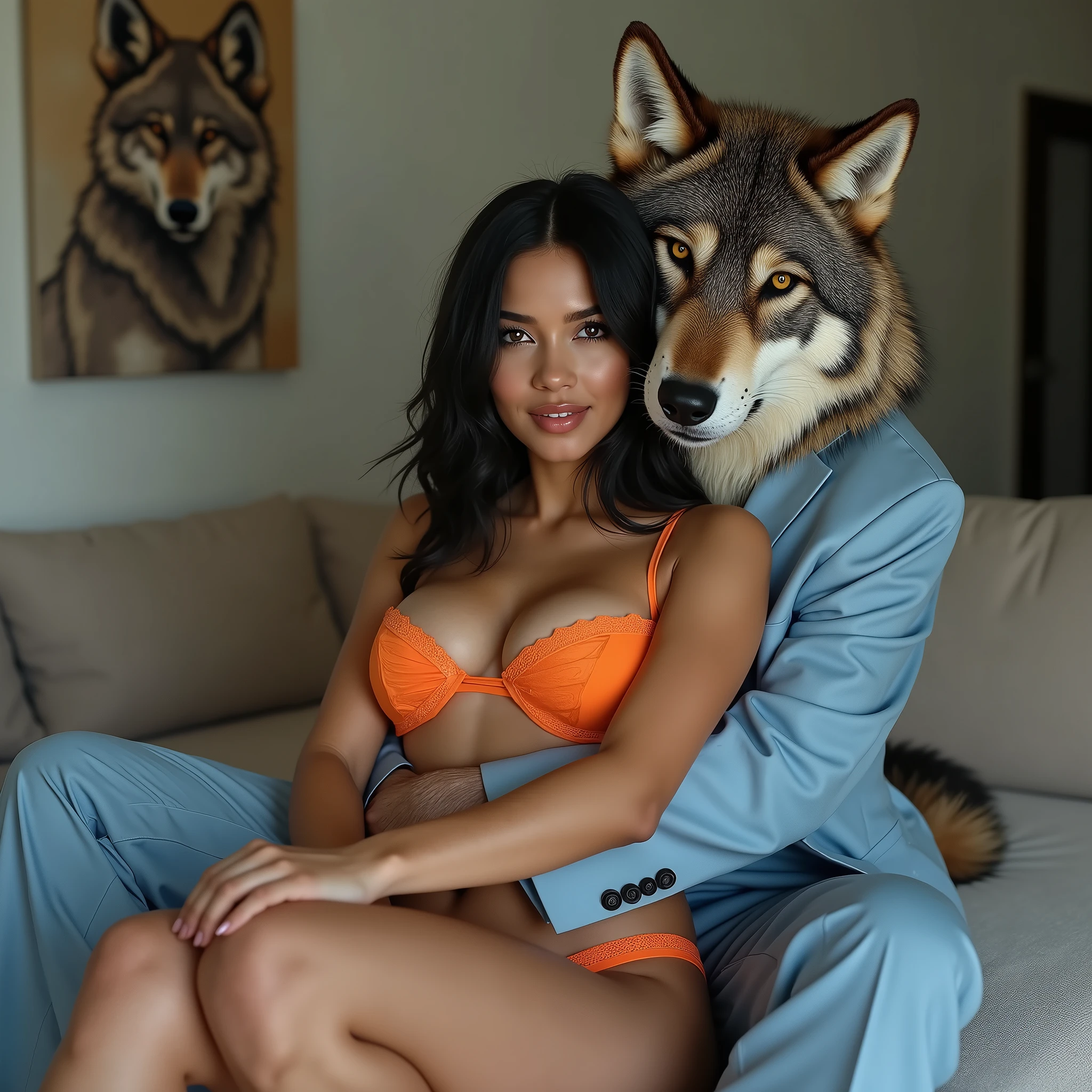 A wolf dressed as a gangster with dark aviator sunglasses hugging beautiful naked women with large Latina breasts, big round buttocks