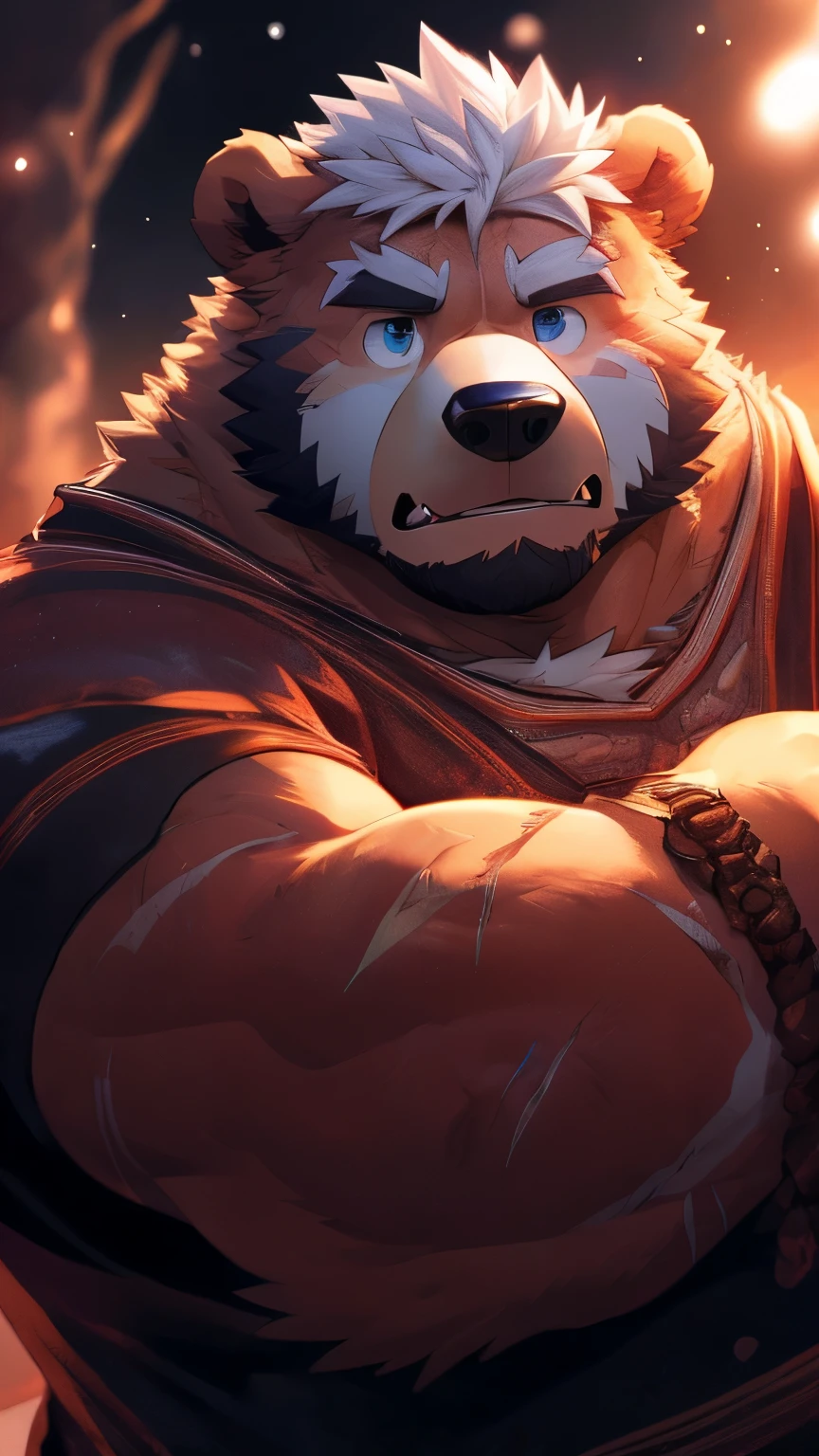 human nature, wild animals, male, 36 years old,uncle,solitary, ((Round Face, The face is plump, Blue Eyes, Thick white hair,Scars)), ((Endomorph, Handsome,Hot Blood)), (Mecha suit,no electricity,exhausted), ((domestic white bear, Bear Orc) Fluffy fur, Fluffy), (bear print), Bokeh, (high quality, high resolution, masterpiece), (Dynamic Lighting, Vibrant colors), (Revitalize,harm,Contempt), Full body pictures (close up), cartoon, author:Takemoto Arashi, From Zixiong, author:Chunni, author:Ethereal,(background:Rainforest)