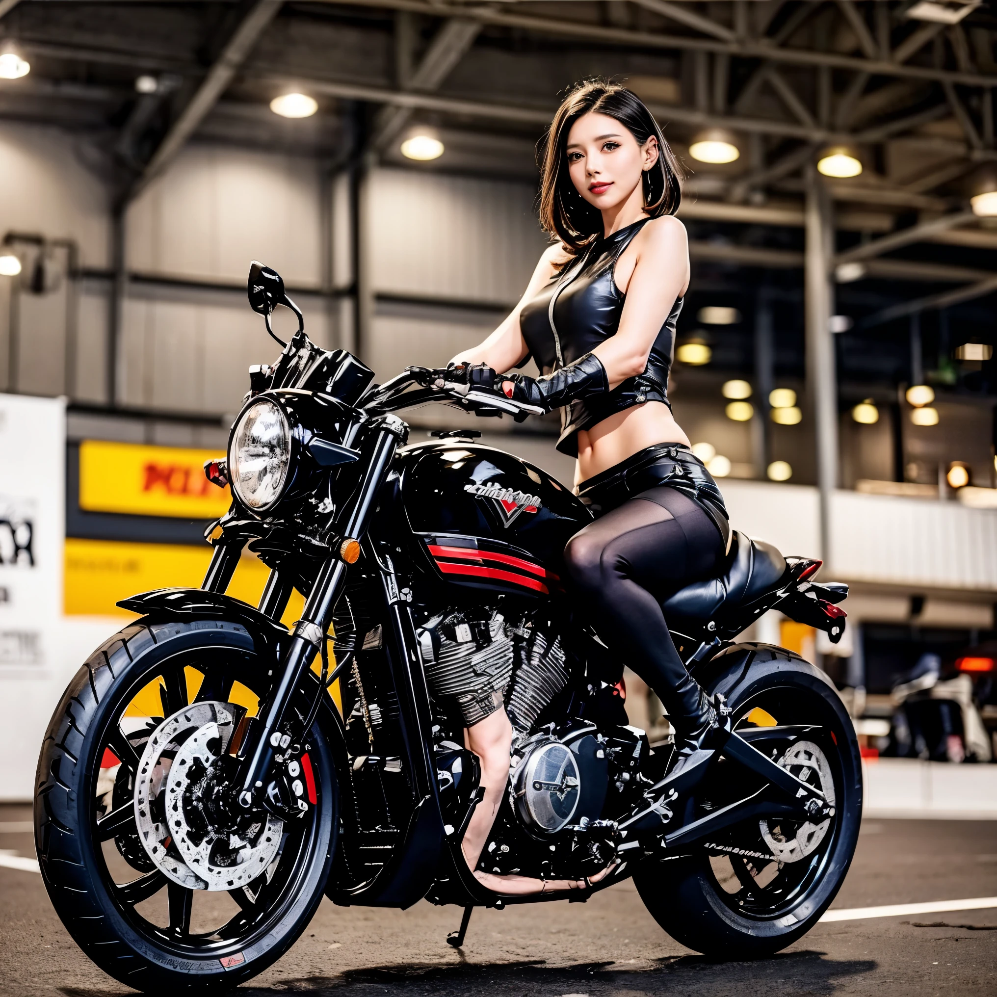 No helmet,Staring at the camera without sunglasses,araffe riding a motorcycle, Harley-Davidson, Riding a motorcycle down the street, Harley-Davidson motorbike, Wheelie, Action Shots, motorcycle, riding a motorcycle, picture of a female,cool,An illustration
