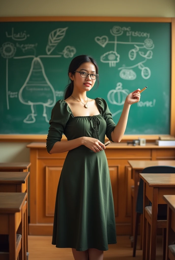 a beautiful indonesian woman, curvacious and plump, natural big breasts, wear knee-lenght square-neck dress, glasses, tied hair, holding long pointer stick, seductive expression, sensual pose, stand in front of the green board that show biology subject in the classroom as background details, look at the viewer, natural light, realistic photography, wide angle full body shot , detailed facial features, photorealistic, high quality, 8k, masterpiece