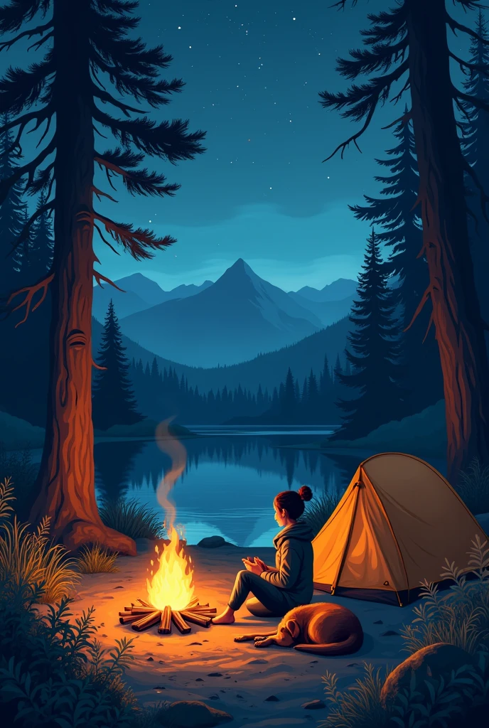 A woman sitting near the campfire add a dog and lake And a tent in the image 2d make forest high details