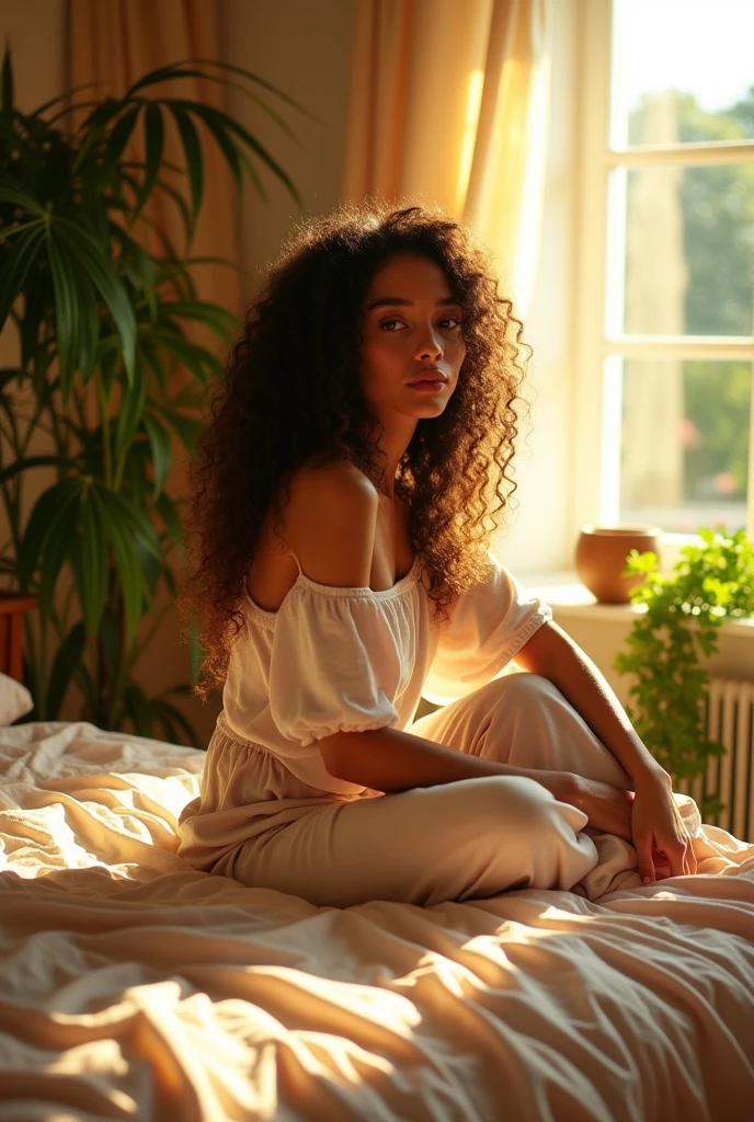(photorealism:1.2), beautiful woman, sitting on bed, wearing loose off-shoulder top, pajama pants, long curly hair, indoors, soft lighting, plants in background, window with sunlight, cozy room, relaxed pose, realistic, intricate details, warm colors, by Greg Rutkowski, by Alphonse Mucha