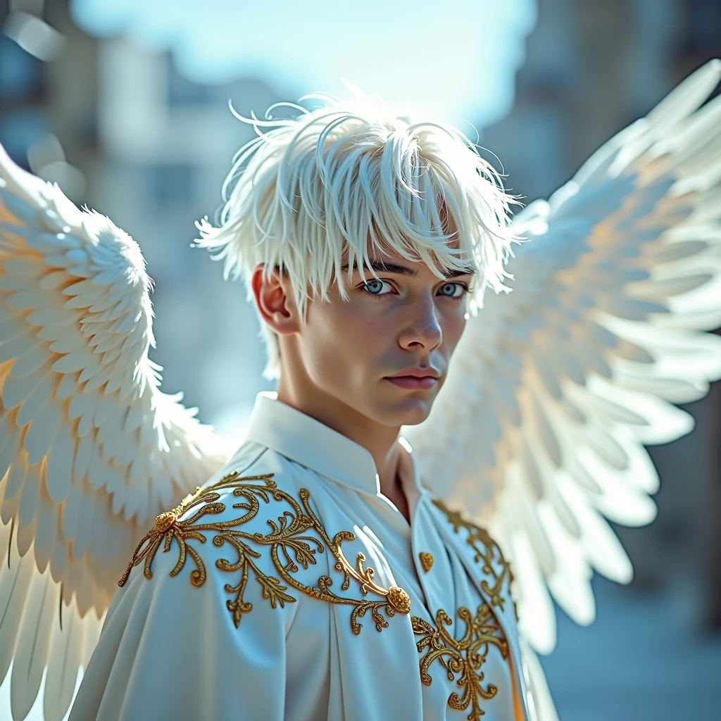 A young adult man with white hair, piercing blue eyes, and white bird wings, clear royal dress, white and gold flying ,mysterious, cool