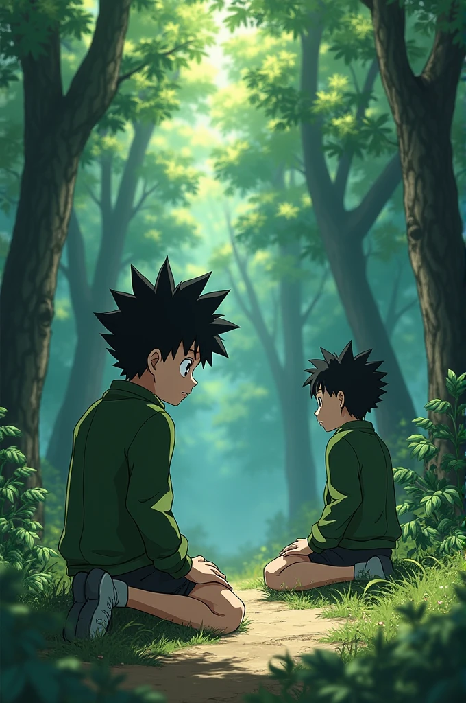 Draw Gon Freecss from hunter x hunter kneeling with a lost look, that the image can be seen from the front and from behind