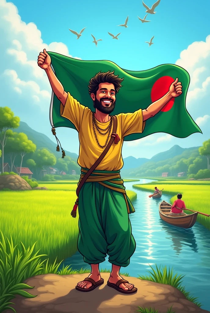 Cartoon pic of Muslim man hold the Bangladeshi flag, Paddy field, village, river, fisherman in boats and birds in the sky