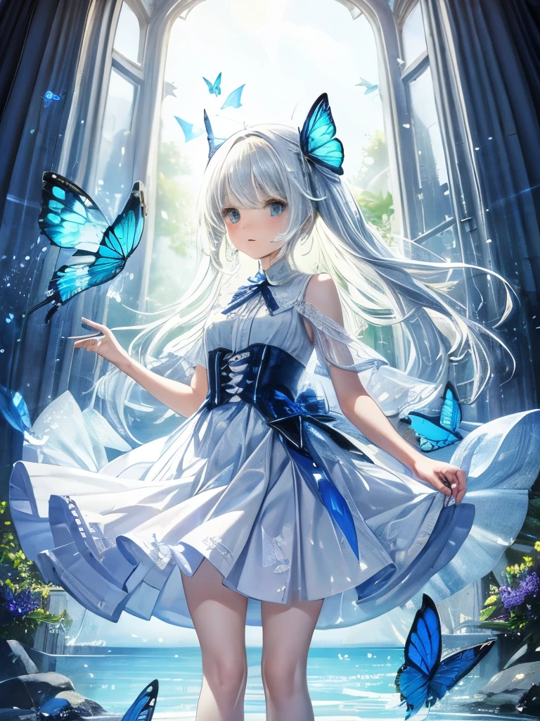 1 person, Clear water, Blue Butterfly, Pure white gauze skirt, Sparkling