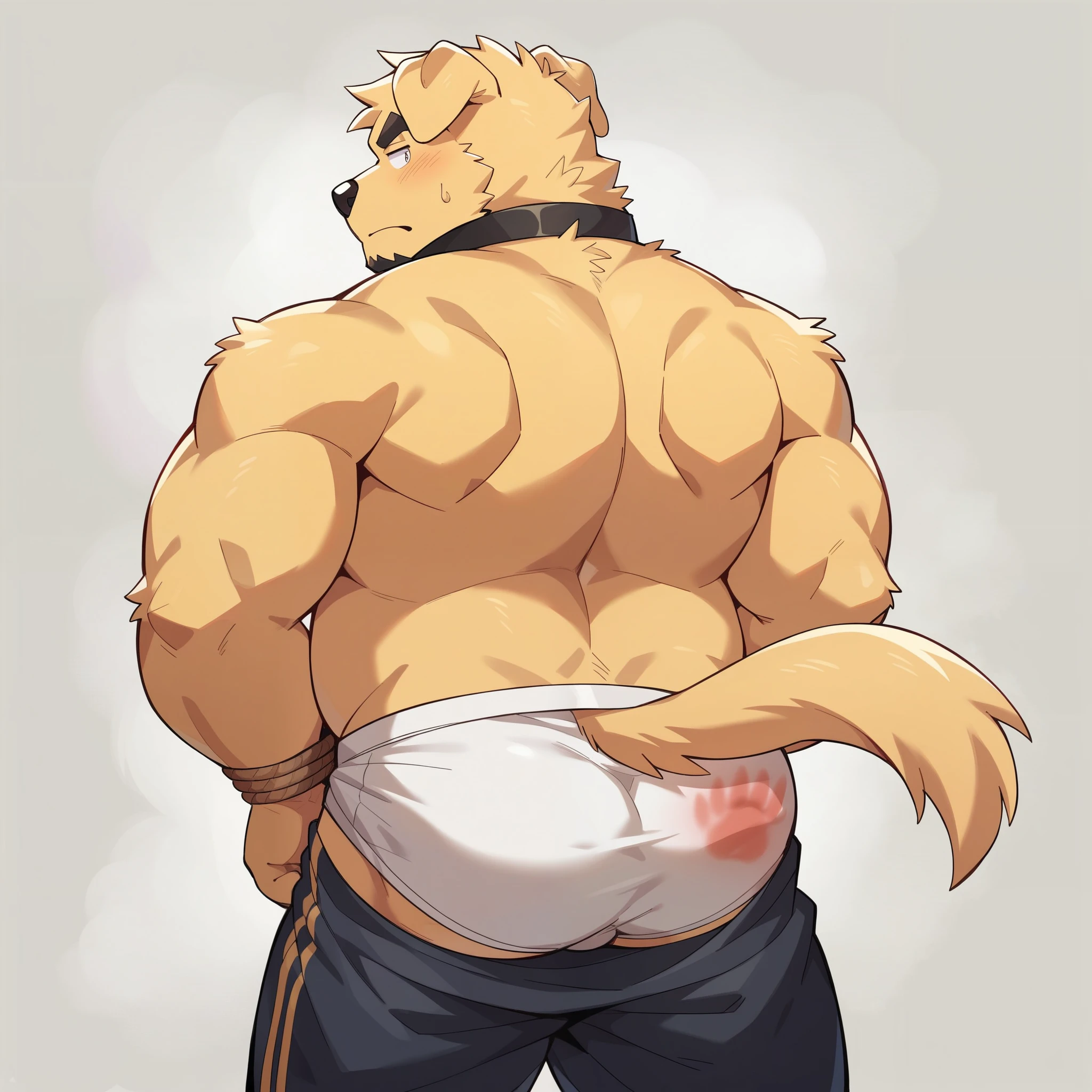 Scribble Golden Retriever face,Humanity(Golden Retriever),(Topless:1.3),Chubby,(Black eyebrows:1.1),(Perfect eyes),Golden fur，（artist:Takemoto Arashi），In the basement，（White Fun Underwear:1.3），paw，（black beard:1.3），（Collar:1.3），（Hip bulge:1.3），（Tied up with rope:1.3），（Being spanked:1.4），Back view