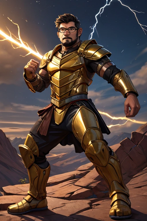 serious man with glasses,a gold leo armor in front of a landscape, attack pose with lightning bolts in his fists,daniel mirante, ethan klein, taken in the early 2020s, full body profile picture, very slightly serious , david rios ferreira, slightly serious markiplier, avatar image, large eyes and menacing , professional picture, christian orrillo, serious and looking directly, ben mauro