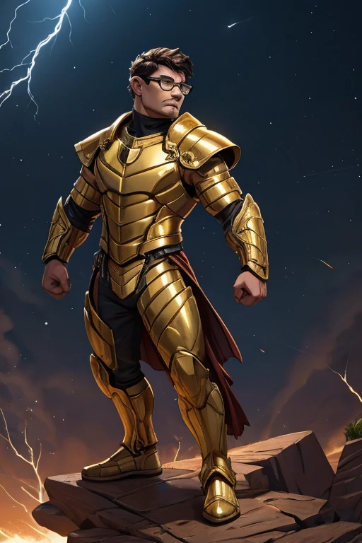 serious man with glasses,a gold leo armor in front of a landscape, attack pose with lightning bolts in his fists,daniel mirante, ethan klein, taken in the early 2020s, full body profile picture, very slightly serious , david rios ferreira, slightly serious markiplier, avatar image, large eyes and menacing , professional picture, christian orrillo, serious and looking directly, ben mauro