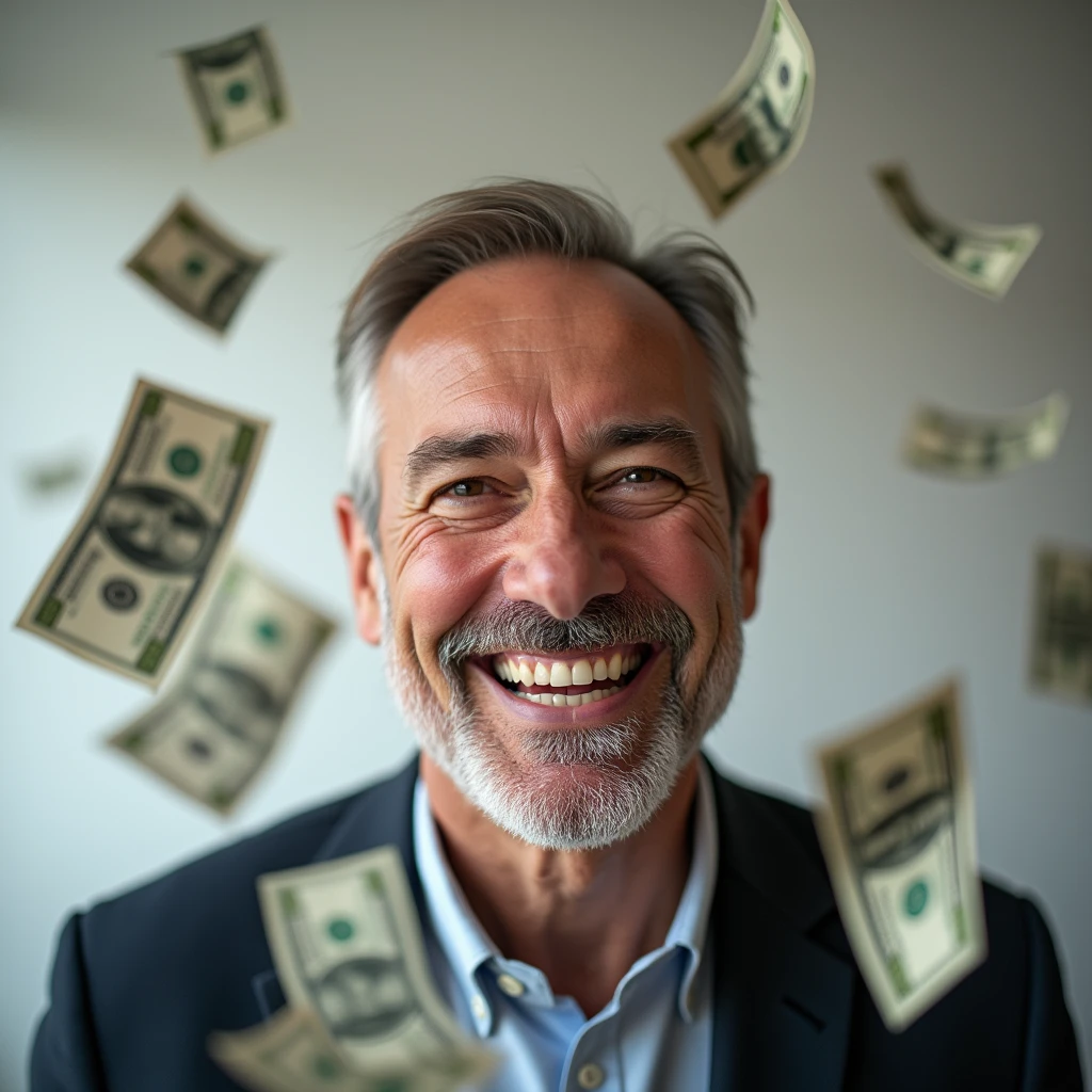 This picture shows a man in his 40s with a happy face because he is successful in his work and has money floating around him.