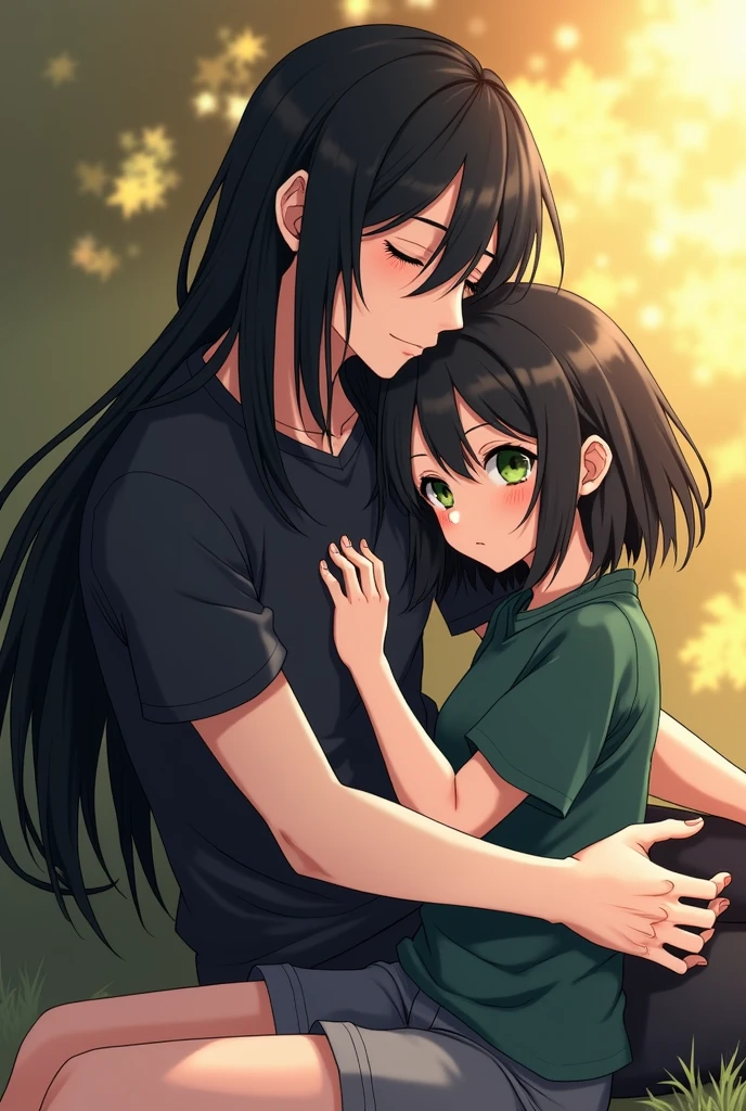 A guy with long black hair, Beautiful face, grey eyes, beautiful body, pale skin, eyes closed lying and hugging a girl with black shoulder-length hair, green eyes, dark green shirt, gray shorts eyes closed, realistically, masterpiece, Best quality, detailing, anime art, фотоrealistically