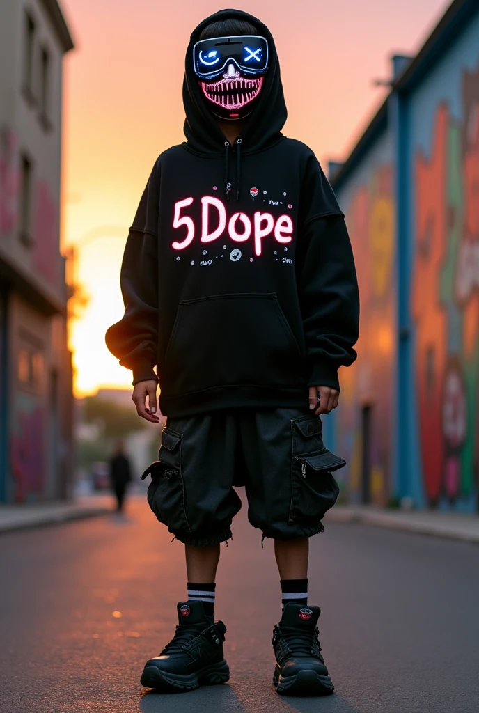 A -yeld boith a stature. He dresses in a hip-hop style with baggy clothes, sneakers, and a distinctive "5Dope" logo on his back. His face is completely covered by an electronic mask that displays text and emojis on an LED screen. Despite his masculine attire, he wears a short skirt. His hair is hidden under a black hoodie. He is a mysterious and creative individual who uses his music and art to express himself, white skin, anime girl-like style