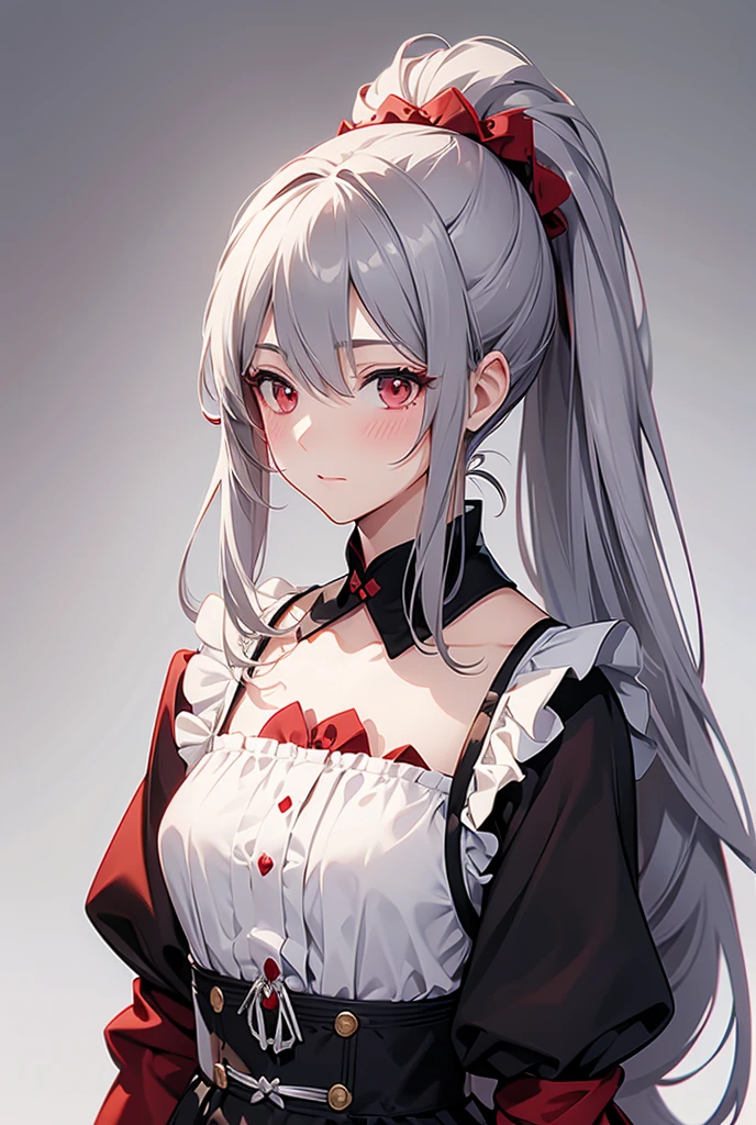 One person, Long Hair, High resolution, chest, Blushing, Simple Background, accurate, Highest quality, Gray Hair, ponytail, Red face, Maid clothes