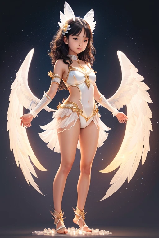 A young 15- yr old native Asians girl with lovely charminvg face,( skin texture masterpiece), (perfect full body detailed anatomy), (Super detailed), (meditating ), (glowing bright eyes))((very short wavy crystals hair)),Wearing transparent costume of an angel,illuminating different lights covers the sorrounding, holding bow and arrow, atmosphere Has beautiful large white wings, The character solemnly praying