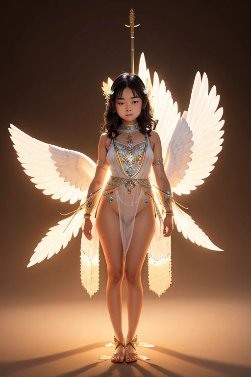 A young 15- yr old native Asians girl with lovely charminvg face,( skin texture masterpiece), (perfect full body detailed anatomy), (Super detailed), (meditating ), (glowing bright eyes))((very short wavy crystals hair)),Wearing transparent costume of an angel,illuminating different lights covers the sorrounding, holding bow and arrow, atmosphere Has beautiful large white wings, The character solemnly praying