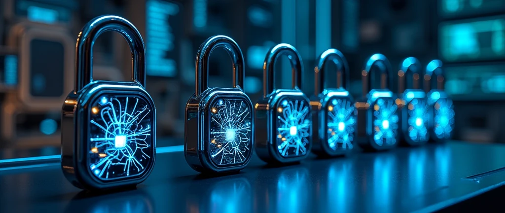 Various futuristic digital padlocks with blue illuminaty lines