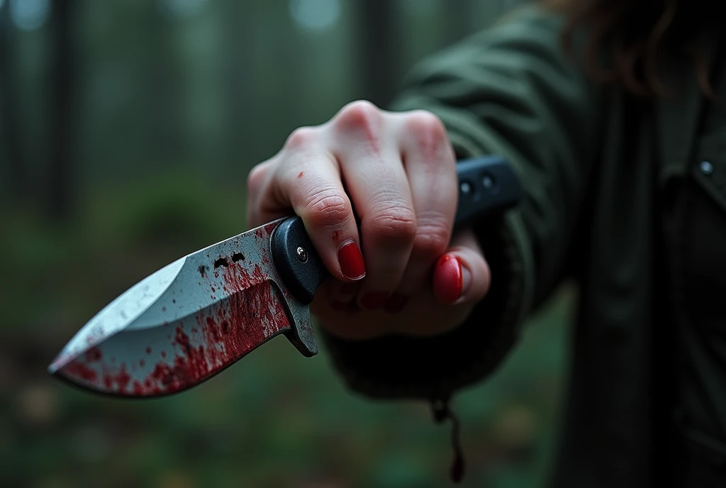 A close-up of a woman's hand, covered in blood, gripping a bloodstained survival knife.、