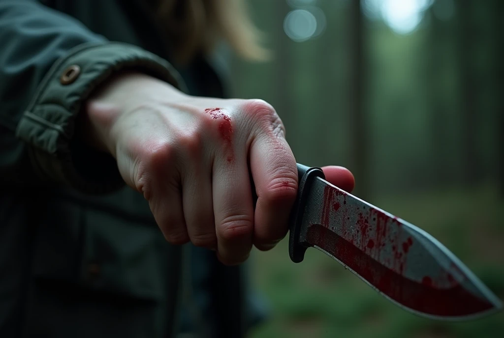 A close-up of a woman's hand, covered in blood, gripping a bloodstained survival knife.、
