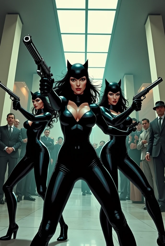 3 women wearing a catwoman outfit with guns who hold up a bank with bags to bring back money