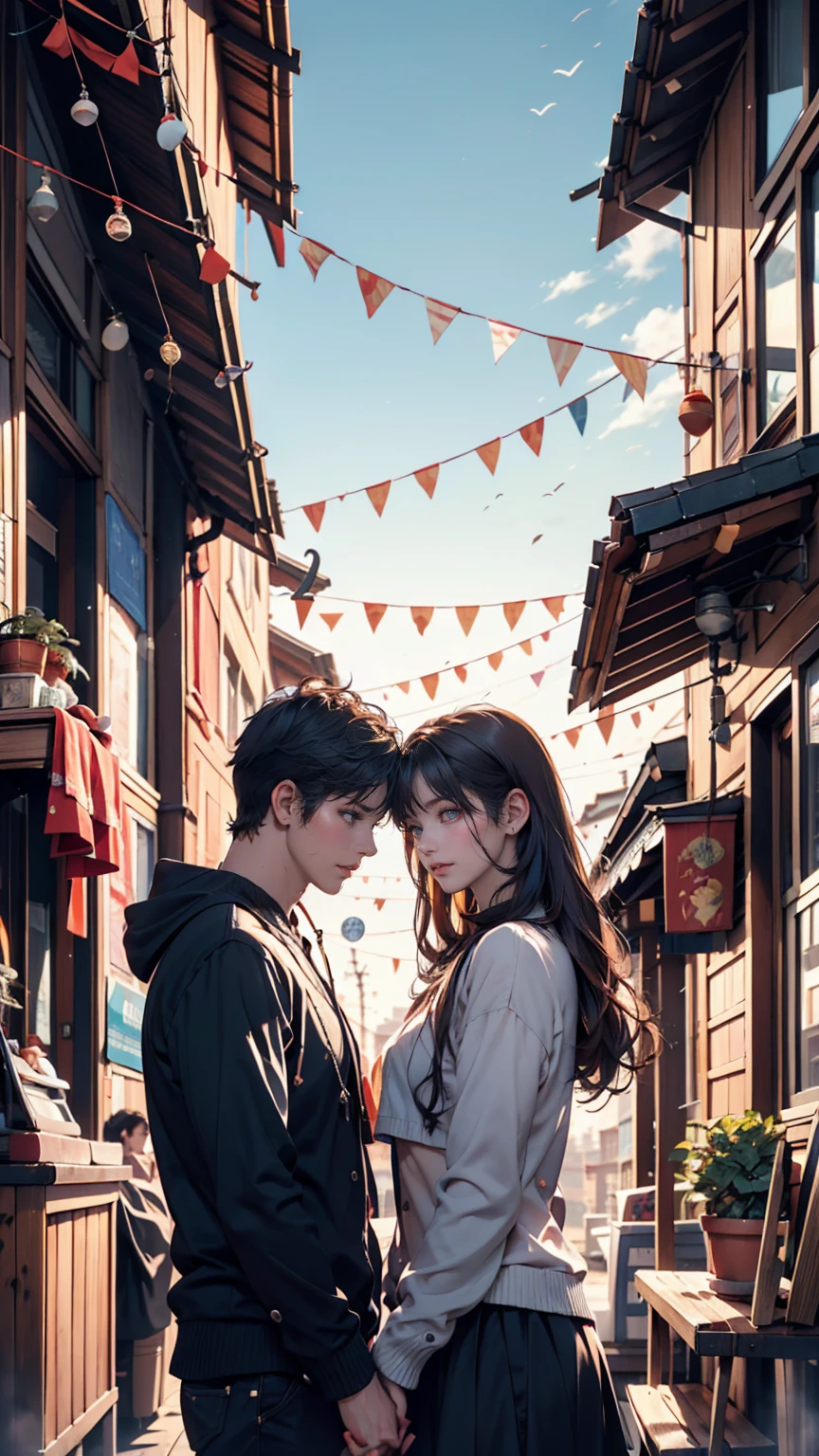 anime couple standing on a bridge looking at each other, artwork in the style of guweiz, by Yang J, guweiz, anime style 4 k, inspired by Yanjun Cheng, inspired by Zhang Han, high quality fanart, trending on cgstation, 4 k manga wallpaper, 8k)), art cover, lofi artstyle, sakimichan