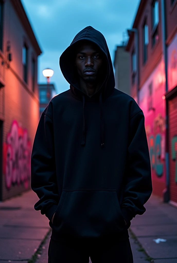 Make a music album cover for me -
I'm doing it all by myself without anyone's help, writing the songs, wearing a black hoodie, and my music is hip hop.