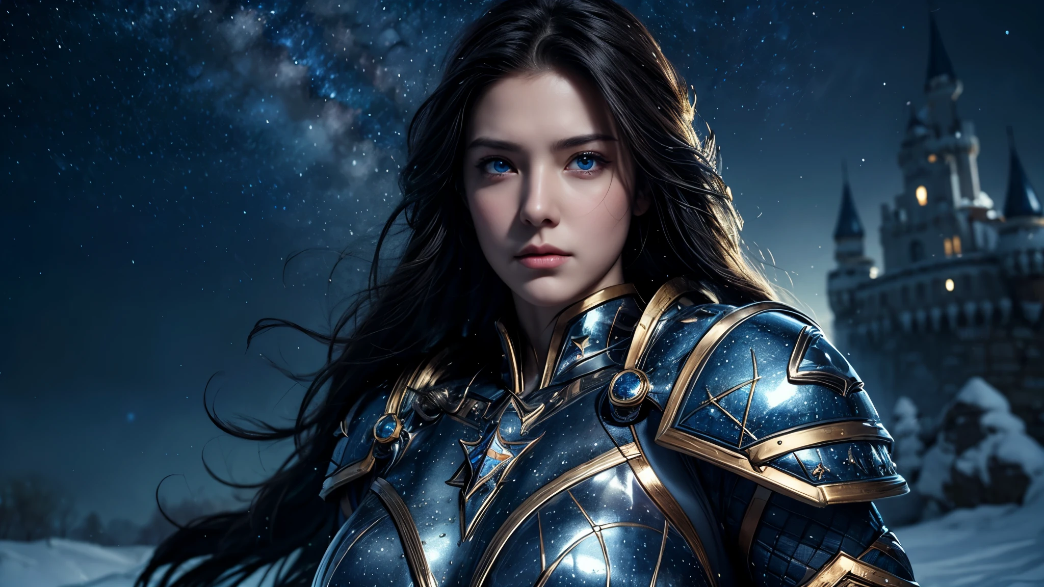 masterpiece, rest, best quality, Very detailed, Super real, 16K, high resolution, Snow Castle, ((Starry Sky)),Female Warrior,Gorgeous armor,Complex Mode,Pretty Face,Closed mouth,dramatic,Upper body shot,Glowing eyes,Large Breasts