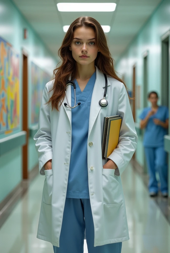 Brown-eyed girl with brown hair, white skin, and a doctor's coat
